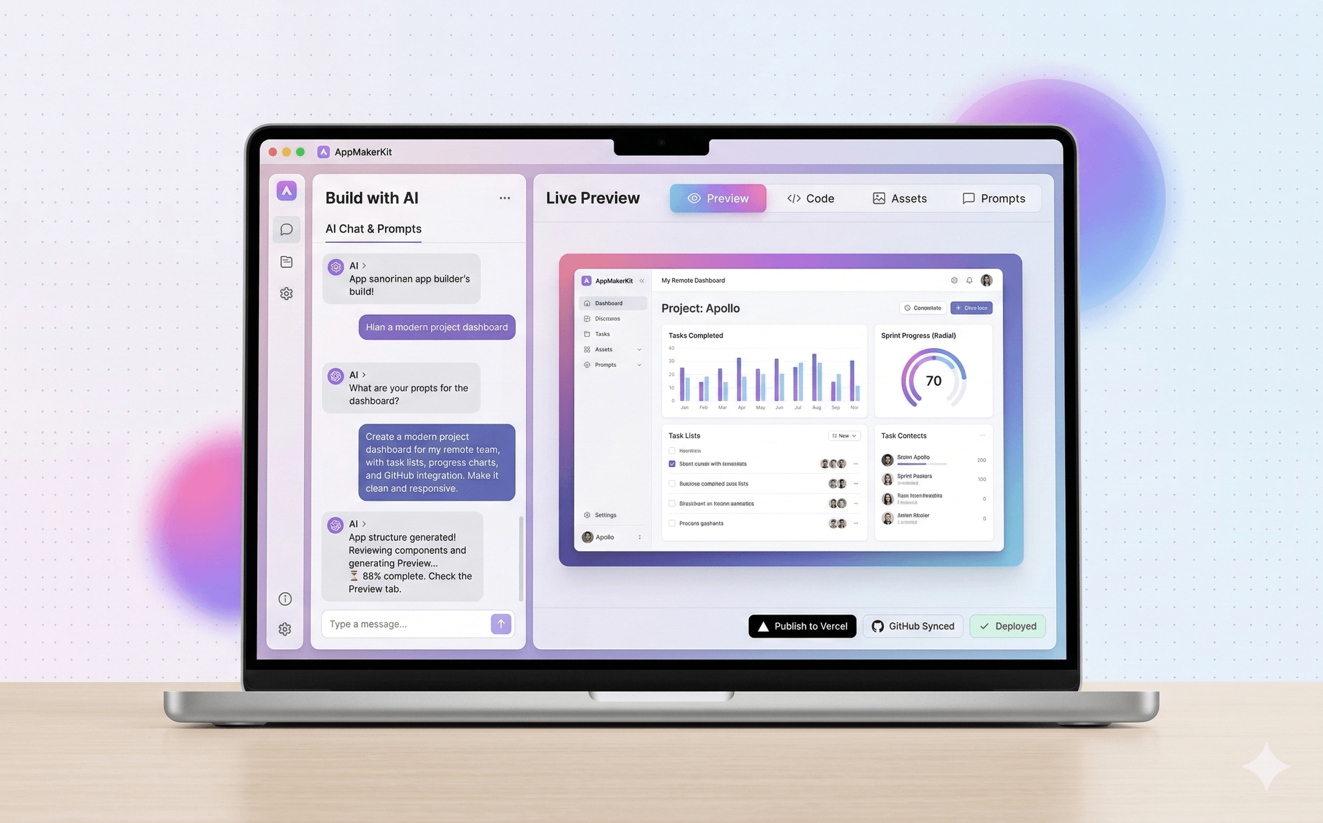 AppMakerKit desktop app showing prompt-based app building and live preview
