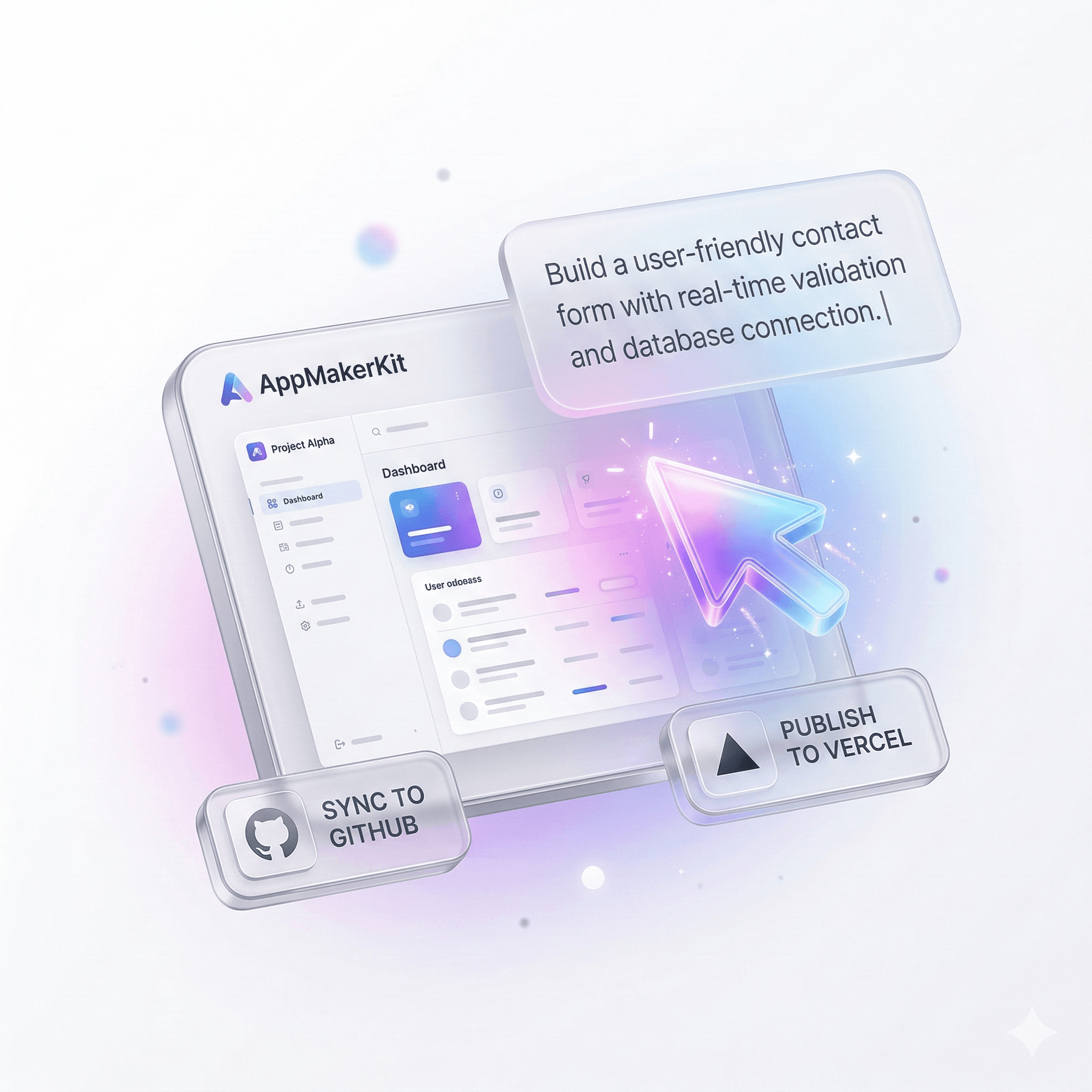 Floating AppMakerKit illustration representing prompt-driven building, GitHub sync, and Vercel publishing