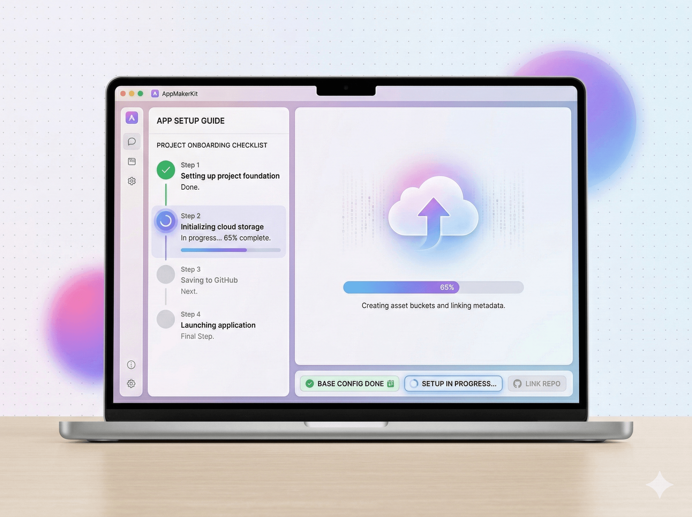 AppMakerKit setup and onboarding flow shown inside a desktop app interface